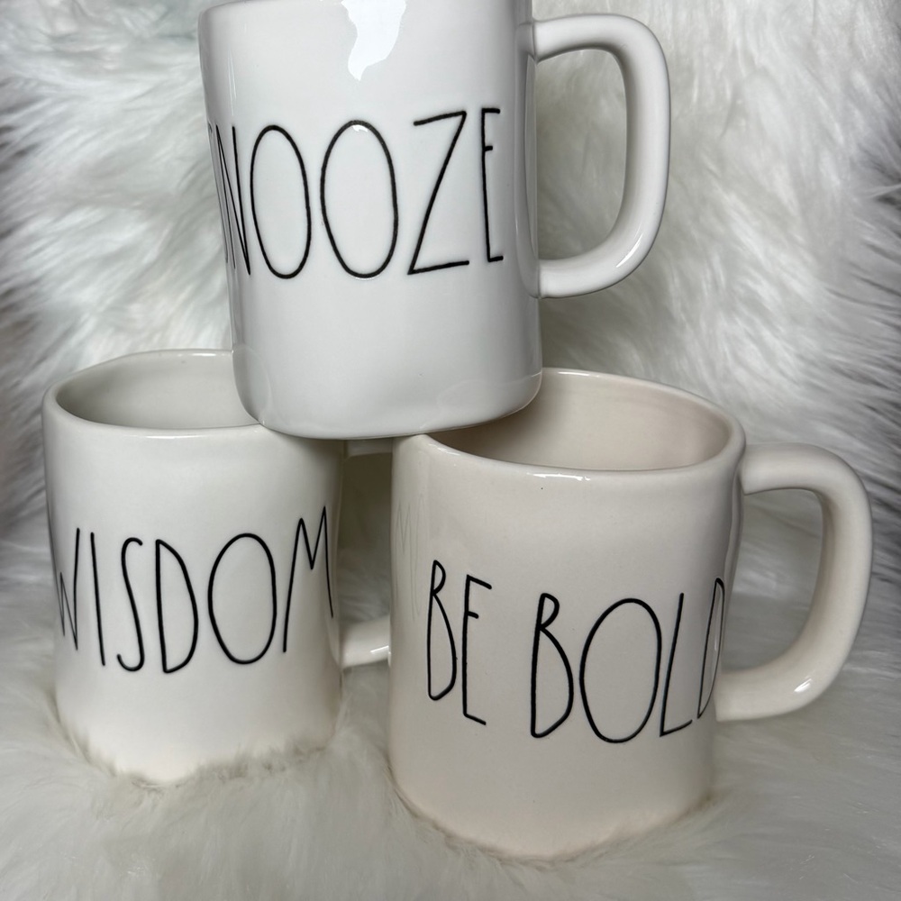 Rae Dunn White Ceramic Mugs with Black Lettering